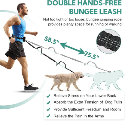 Pipidodo Hands-Free Dog Leash with Waist Bag and Cushioned Pad - Optimal for Running and Walking with One or Two Dogs, Shock-Absorbing Design for Maximum Comfort