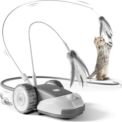 3-in-1 Interactive Cat Toy with Automatic Moving Mouse, Adjustable Dual-Speed Settings, Feather String Ribbons, and Flexible Silicone Tail for Stimulating Indoor Play for Cats and Kittens