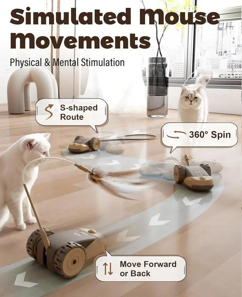 3-in-1 Interactive Cat Toy with Automatic Moving Mouse, Adjustable Dual-Speed Settings, Feather String Ribbons, and Flexible Silicone Tail for Stimulating Indoor Play for Cats and Kittens